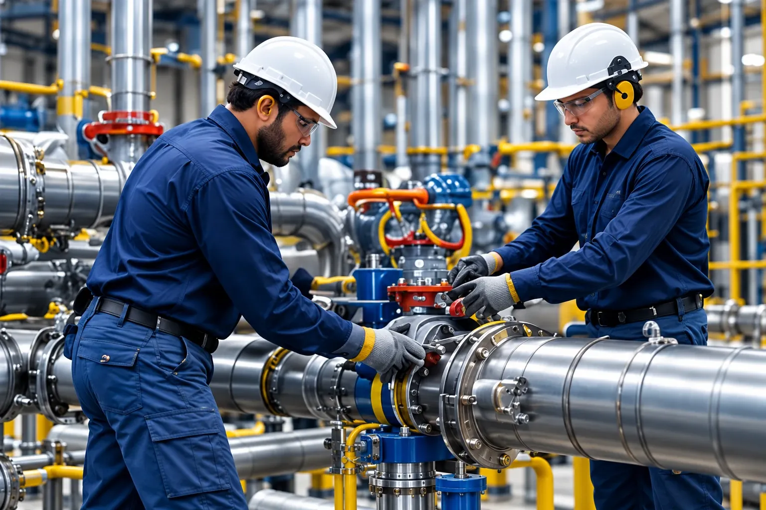 Dois profissionais de manutenção com capacete, óculos, protetor auricular e luvas trabalham em uma tubulação industrial