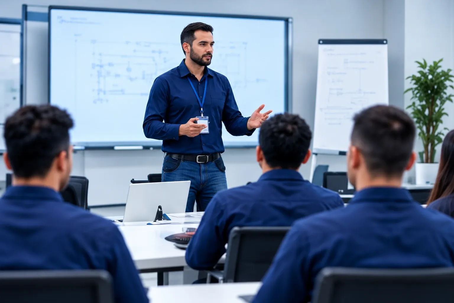 Instrutor conduz um treinamento de segurança do trabalho para uma turma em sala de aula