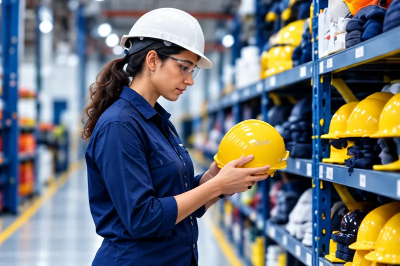 Técnica com capacete e óculos de proteção confere um capacete no almoxarifado de EPI