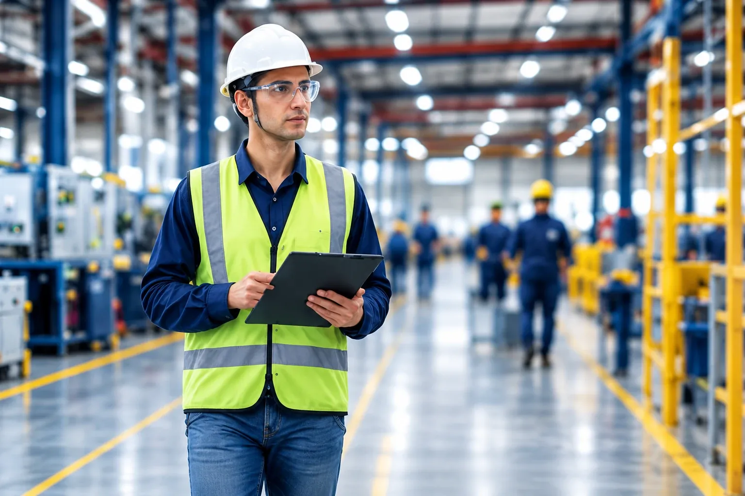 Técnico de segurança do trabalho com capacete, óculos e colete refletivo percorre a fábrica com uma prancheta