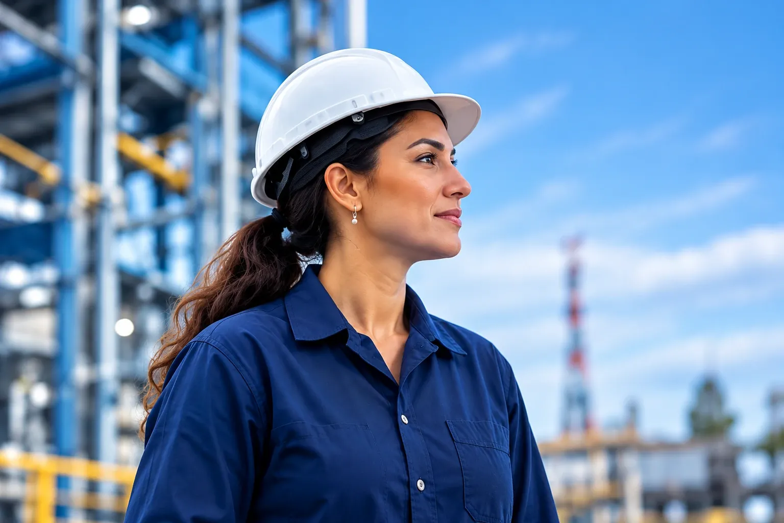 Técnica de segurança do trabalho de capacete olha para o horizonte em uma área industrial