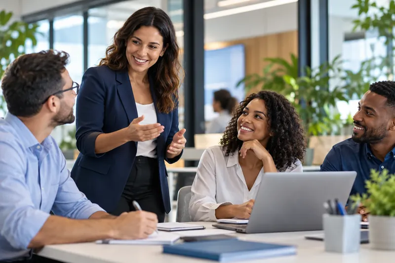 Profissional de Recursos Humanos conversa com a equipe sobre a rotina de exames e treinamentos