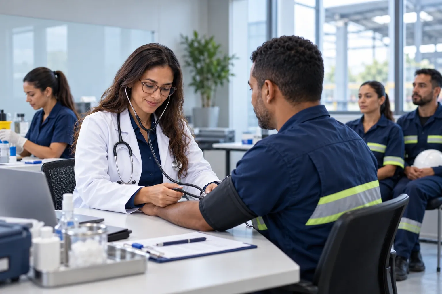 Médica do trabalho mede a pressão de um trabalhador em atendimento montado dentro da empresa, com colegas aguardando