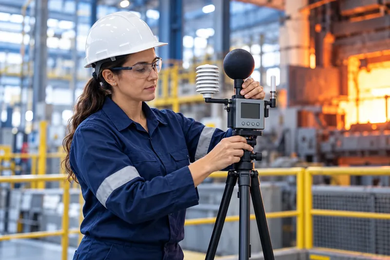 Técnica de segurança com capacete e óculos ajusta um medidor de stress térmico no tripé, perto de um forno industrial