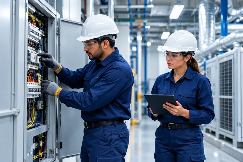 Eletricista com capacete, óculos e luvas faz manutenção em um quadro elétrico enquanto a colega registra no tablet