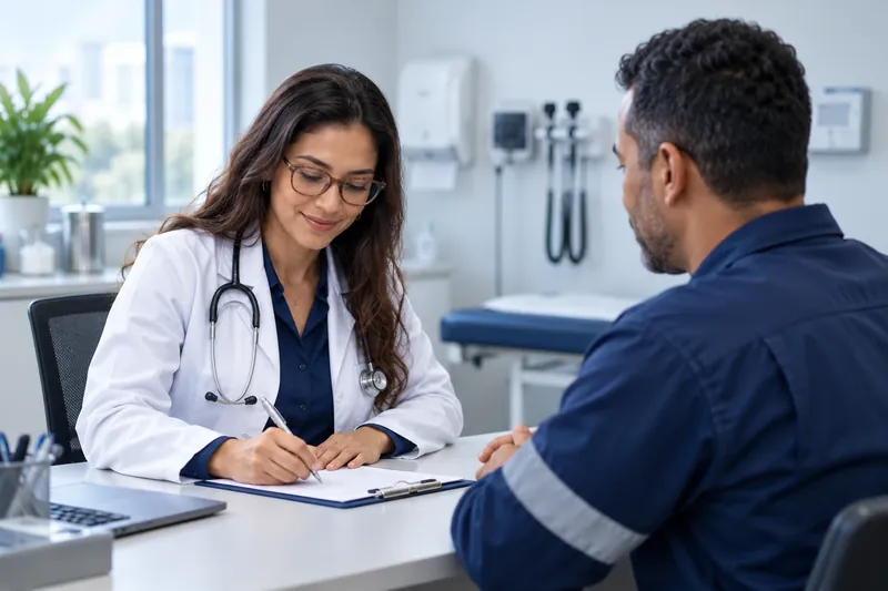 Médica do trabalho preenche o atestado de saúde ocupacional após o exame do trabalhador