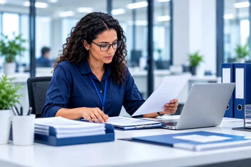 Profissional organiza e confere documentos de saúde e segurança do trabalho no escritório, com pastas ao lado