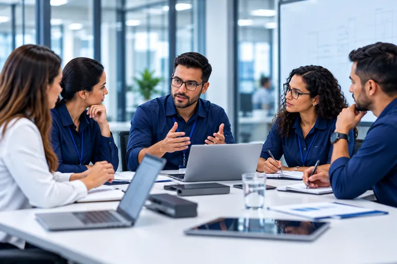 Equipe de gestão de saúde e segurança do trabalho em reunião de acompanhamento ao redor da mesa