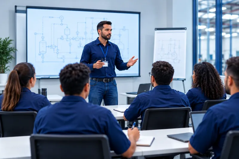 Instrutor conduz um treinamento presencial para uma turma em sala de aula