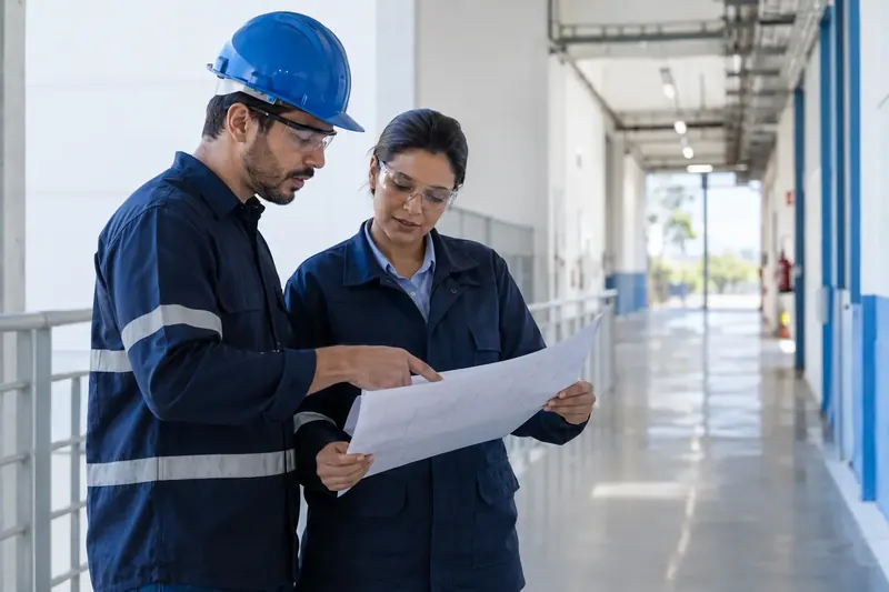 Dois profissionais com capacete e óculos de proteção revisam juntos um projeto em ambiente industrial